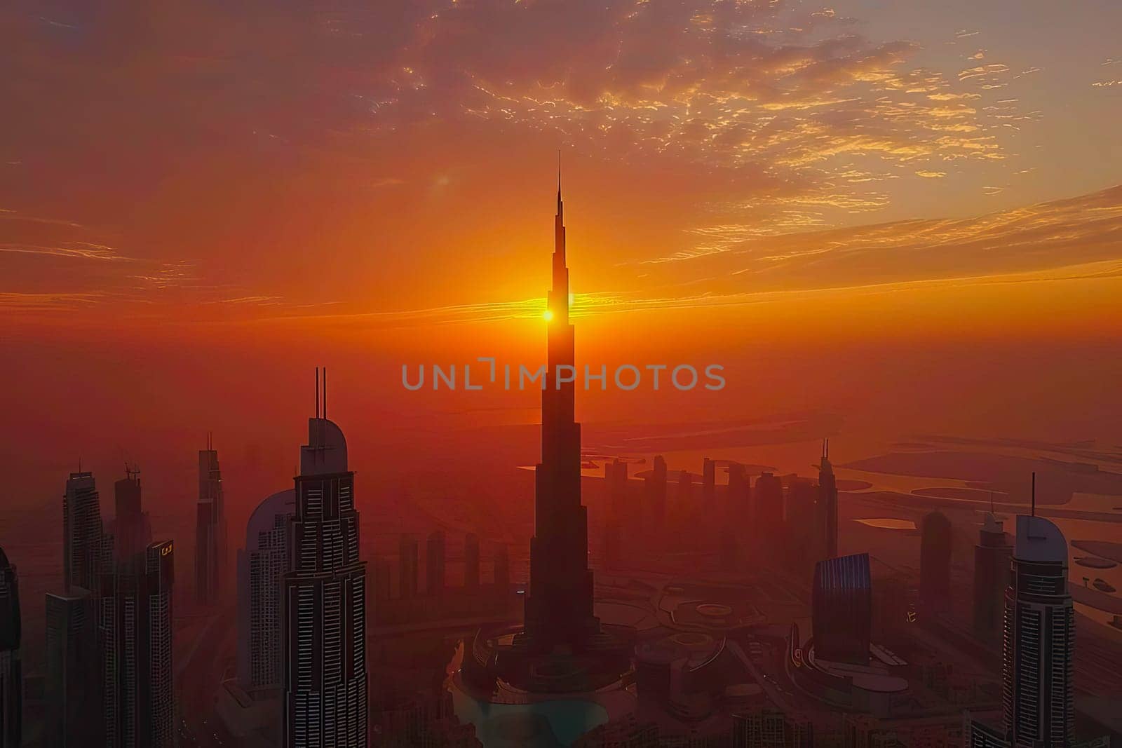 The sun sets behind tall city buildings in an urban landscape.