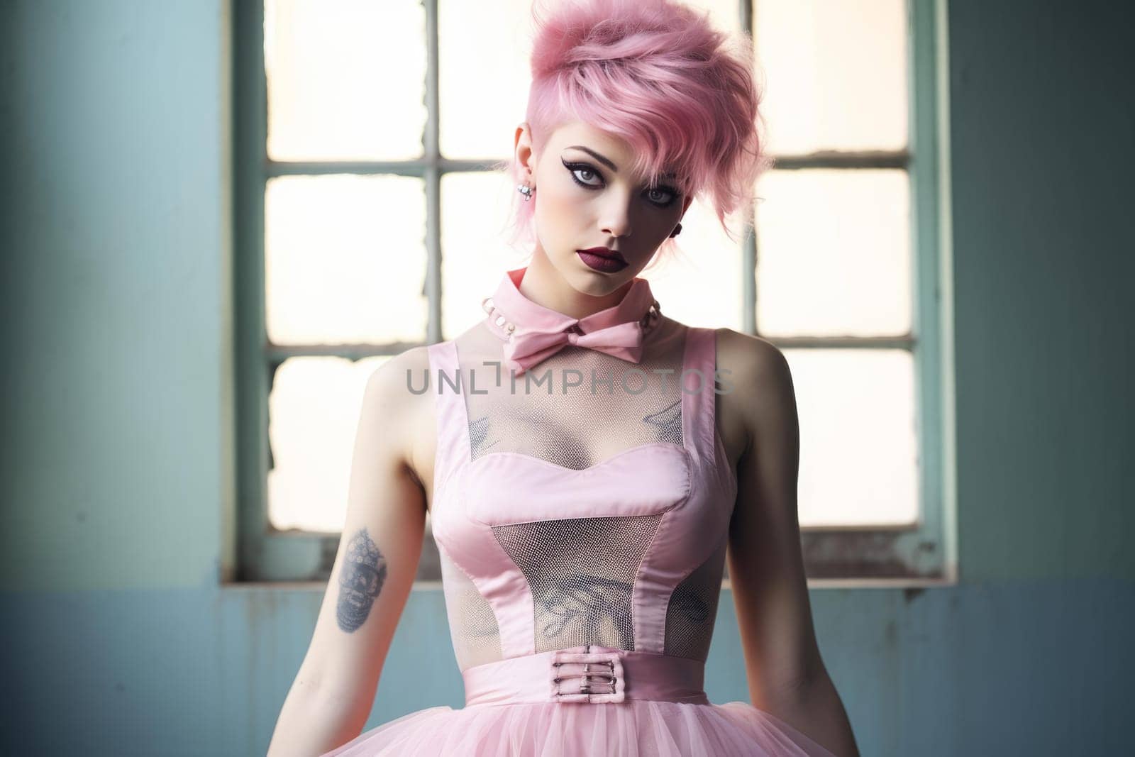 Unconventional Punk woman pink dress. Summer nature. Generate Ai