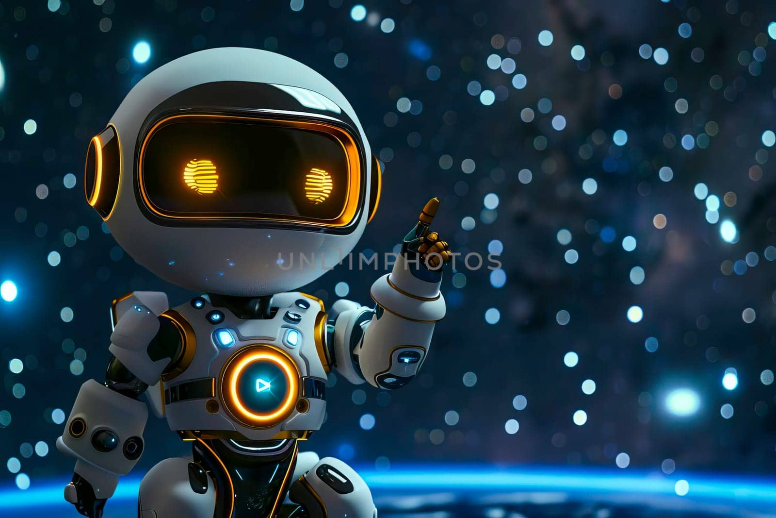 Cute robot pointing at the Earth in space.