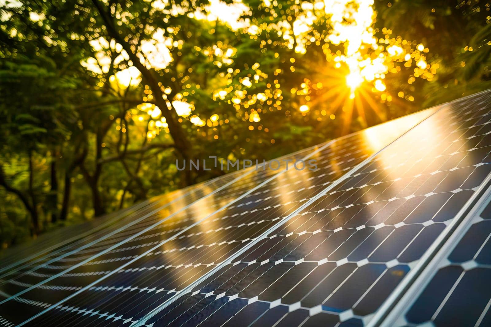 Suns rays filtering through dense forest to illuminate solar panel in close-up shot.
