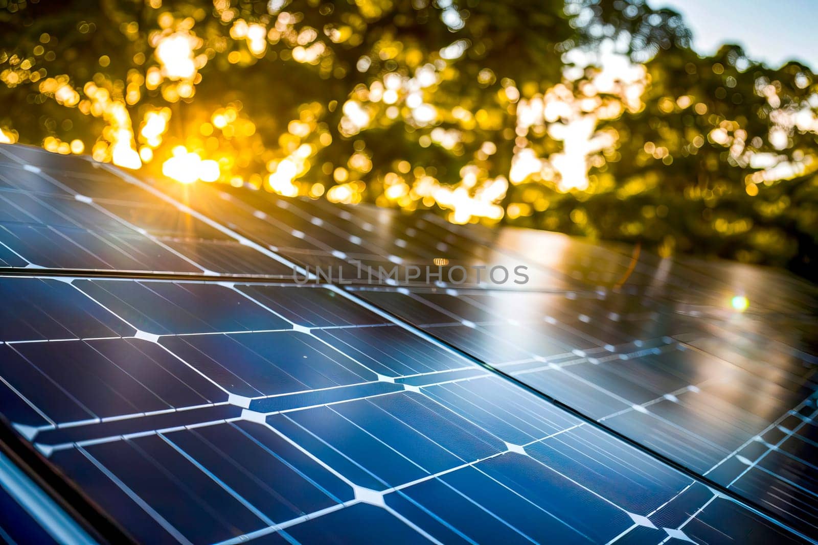 A detailed view of a solar panel with lush green trees in the background under sunlight. by vladimka