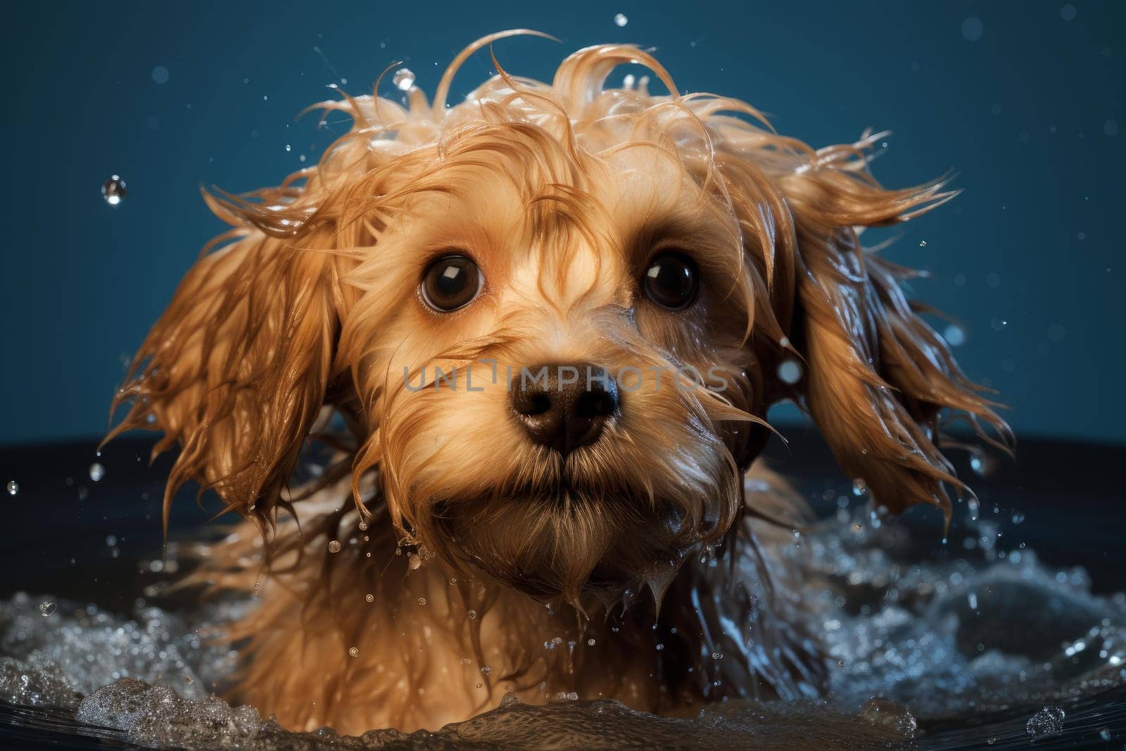 Gentle Puppy dog foam shampoo bath. Animal pet. Generate Ai