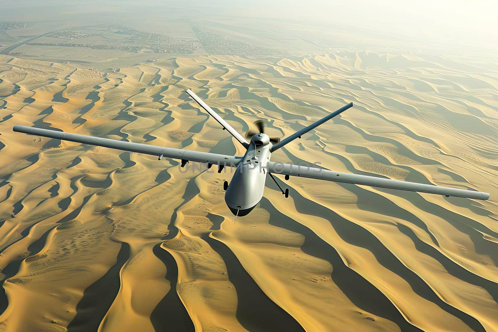 A military plane flies over a barren desert landscape.