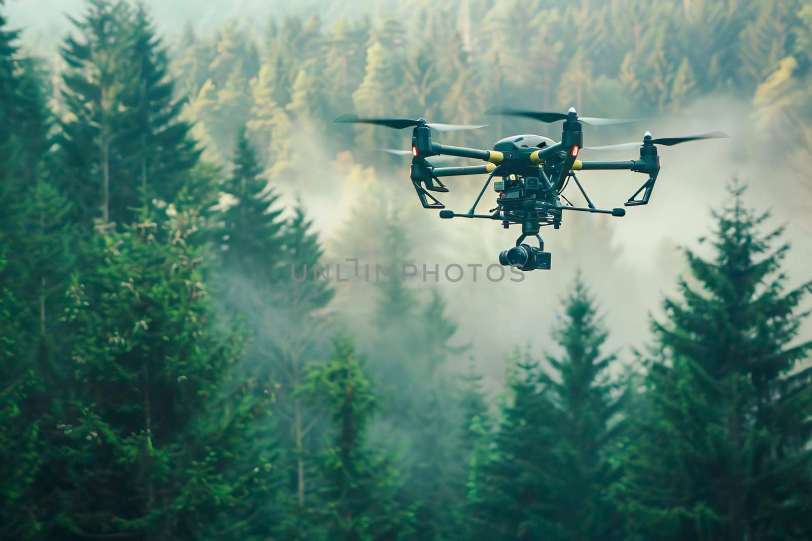 Remote-controlled drone soaring above a dense forest