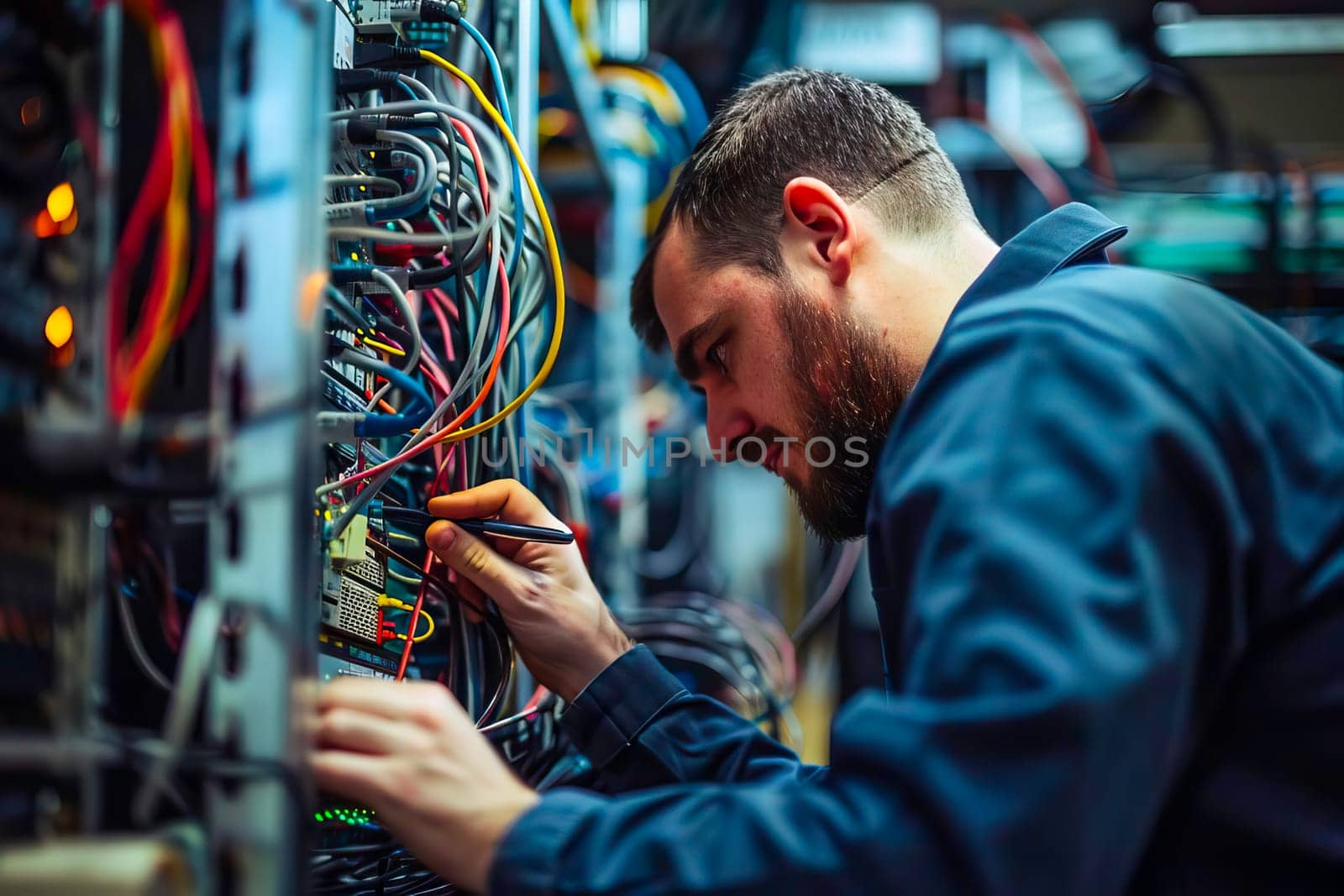 A professional IT specialist is seen working on a server in a server room.
