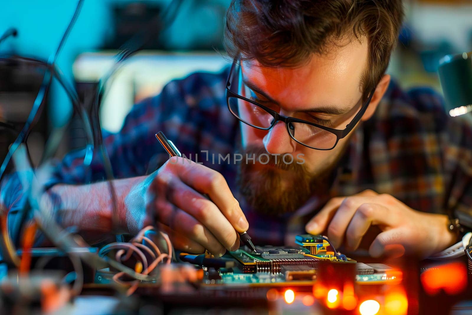 Professional IT specialist working on a circuit board. by vladimka