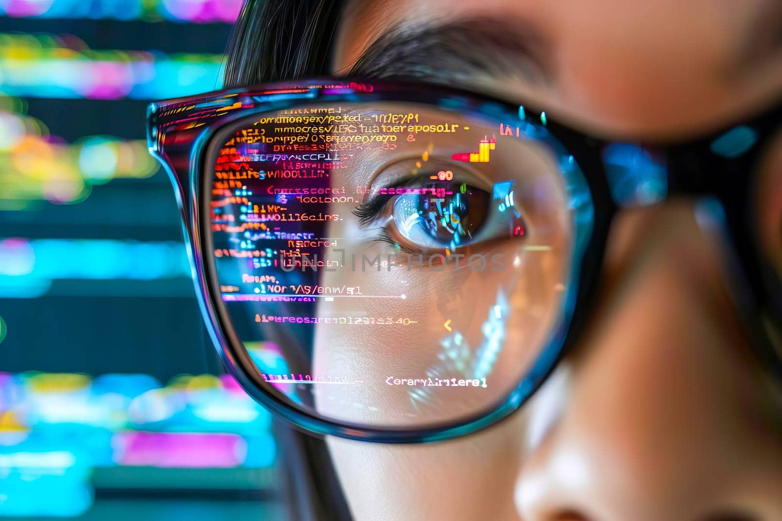 Detailed view of a persons eyes framed by glasses, with a computer monitor in the background.