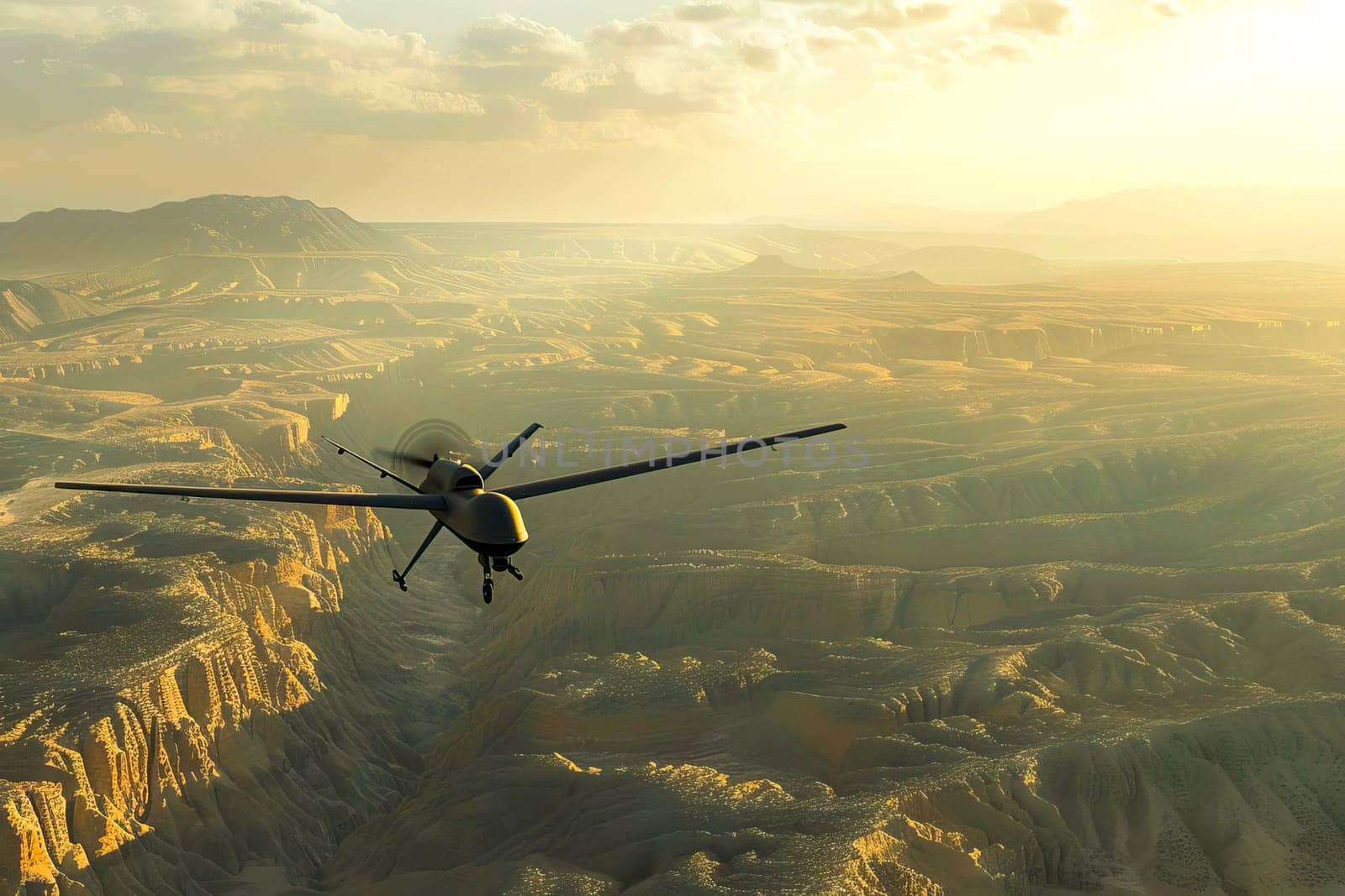 A military aircraft flies over rugged mountains in a clear sky.