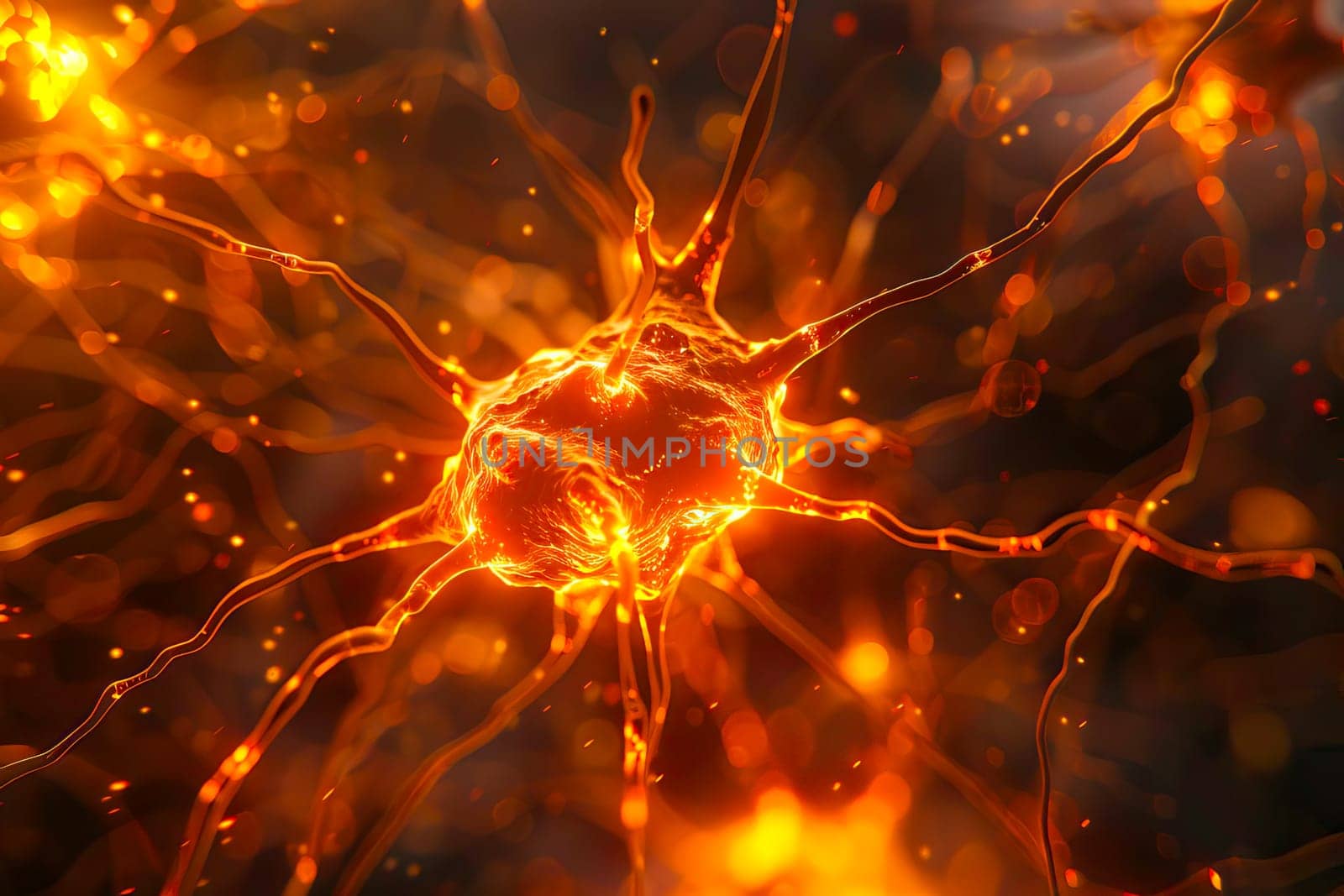 Close-up view showcasing the intricate network of firing neurons.