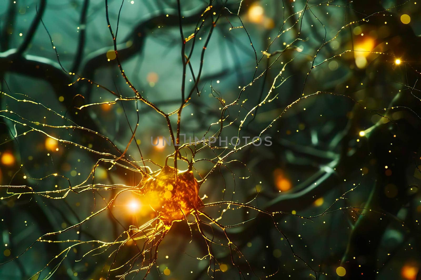 A network of neurons with synapses brightly firing, illustrating brain activity.