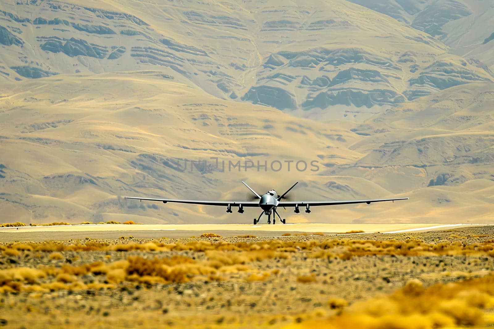 Military plane is ascending from a desert plain, leaving trails of dust behind.