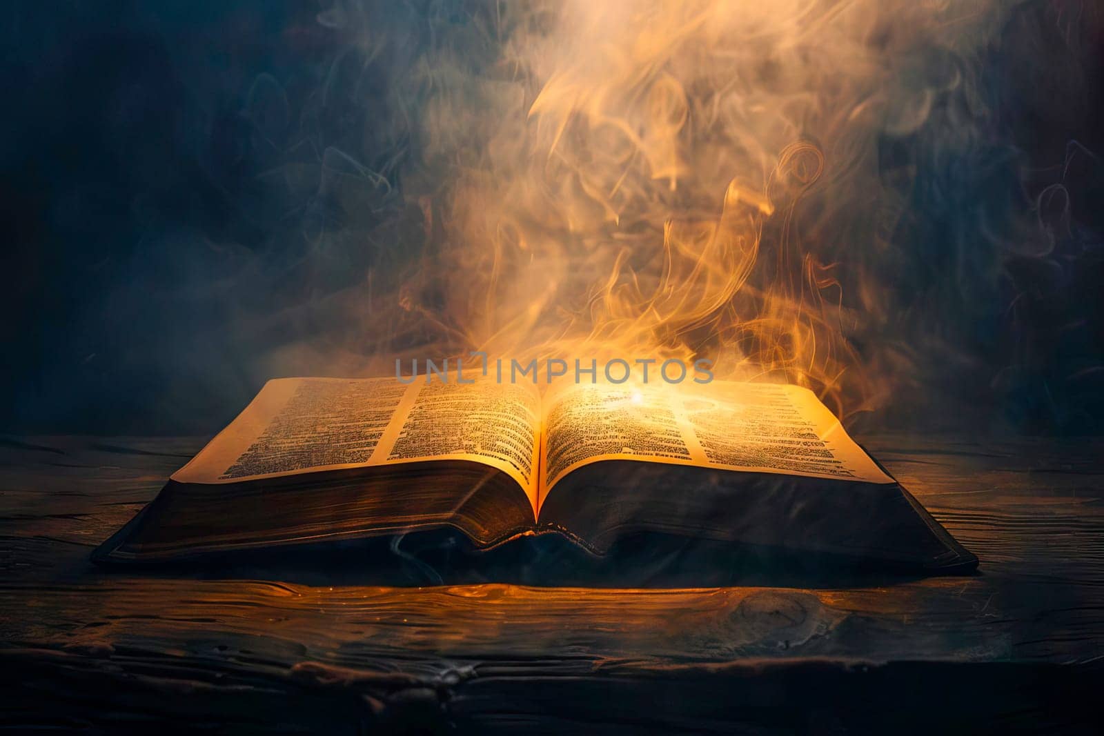 An open book placed on a table with flames and fire bursting out of its pages.