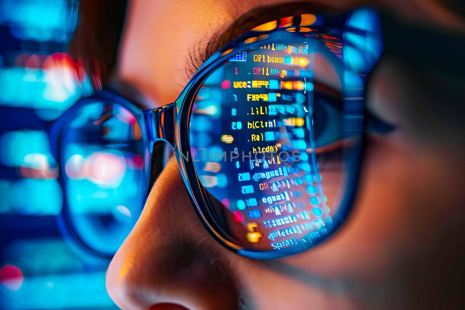 A close-up view of a person wearing a pair of glasses, with their eyes and a computer monitor in the background. by vladimka