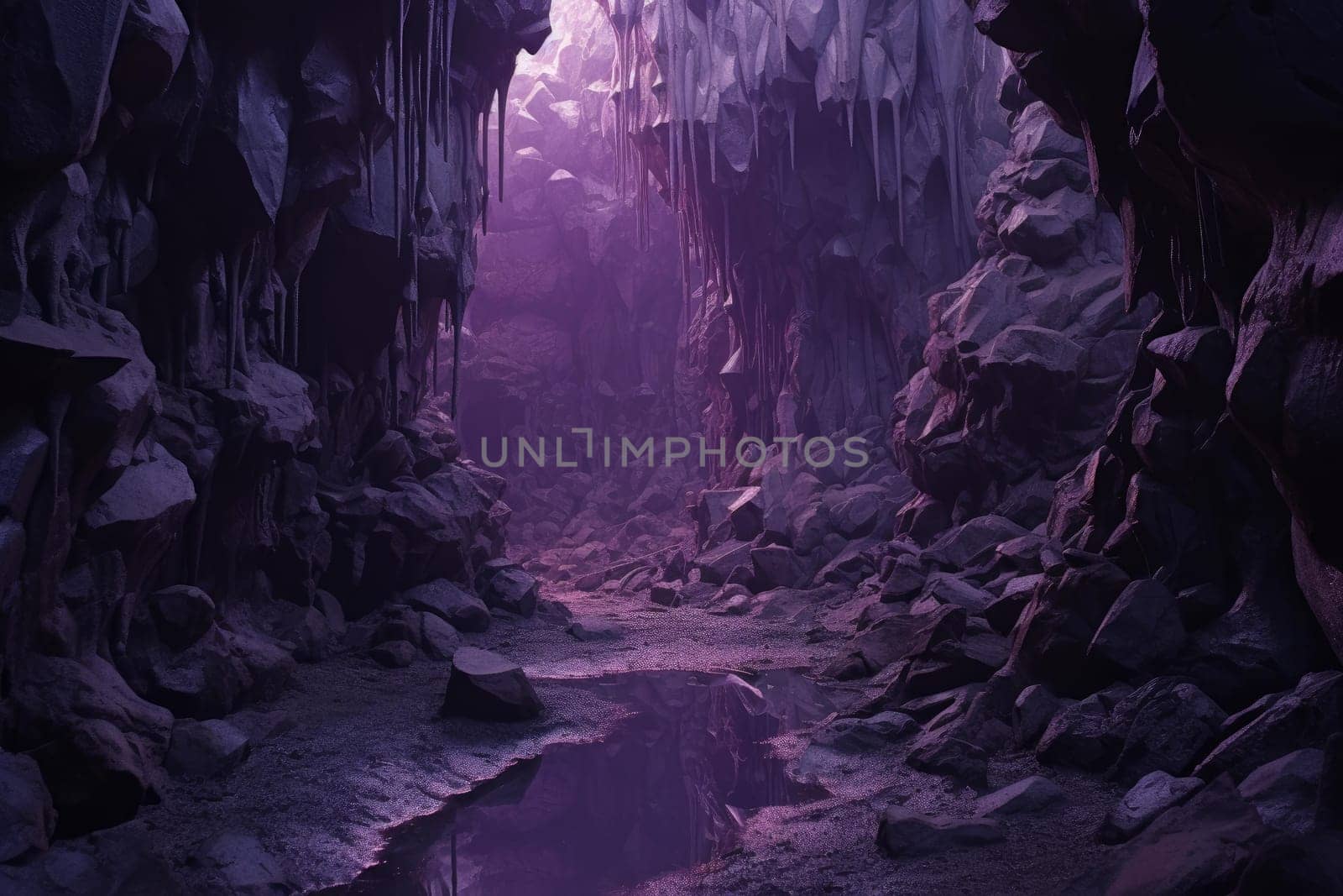 Eerie Purple cave rock curve. Generate Ai by ylivdesign