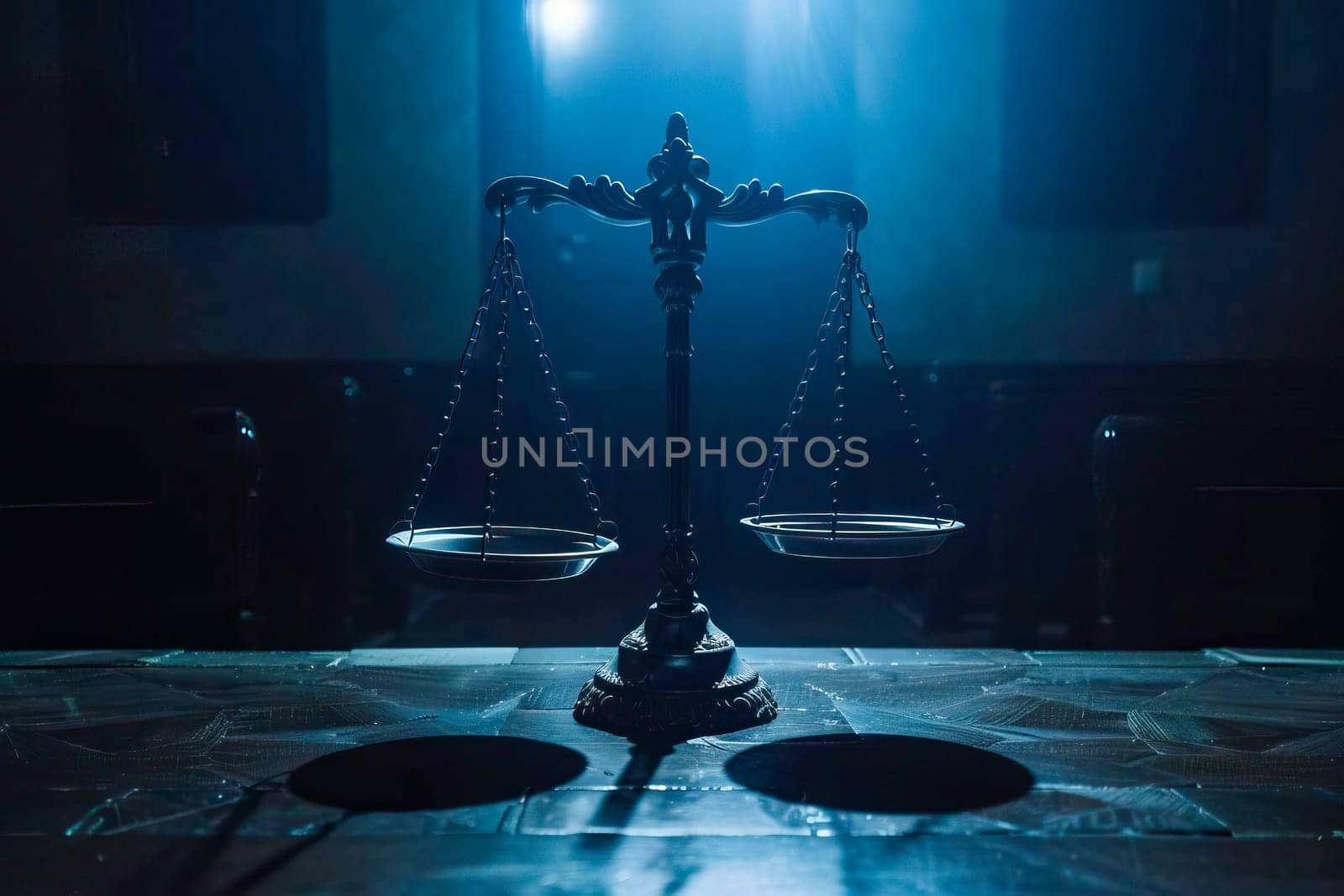 Scale of justice resting on table in dimly lit courtroom setting. by vladimka