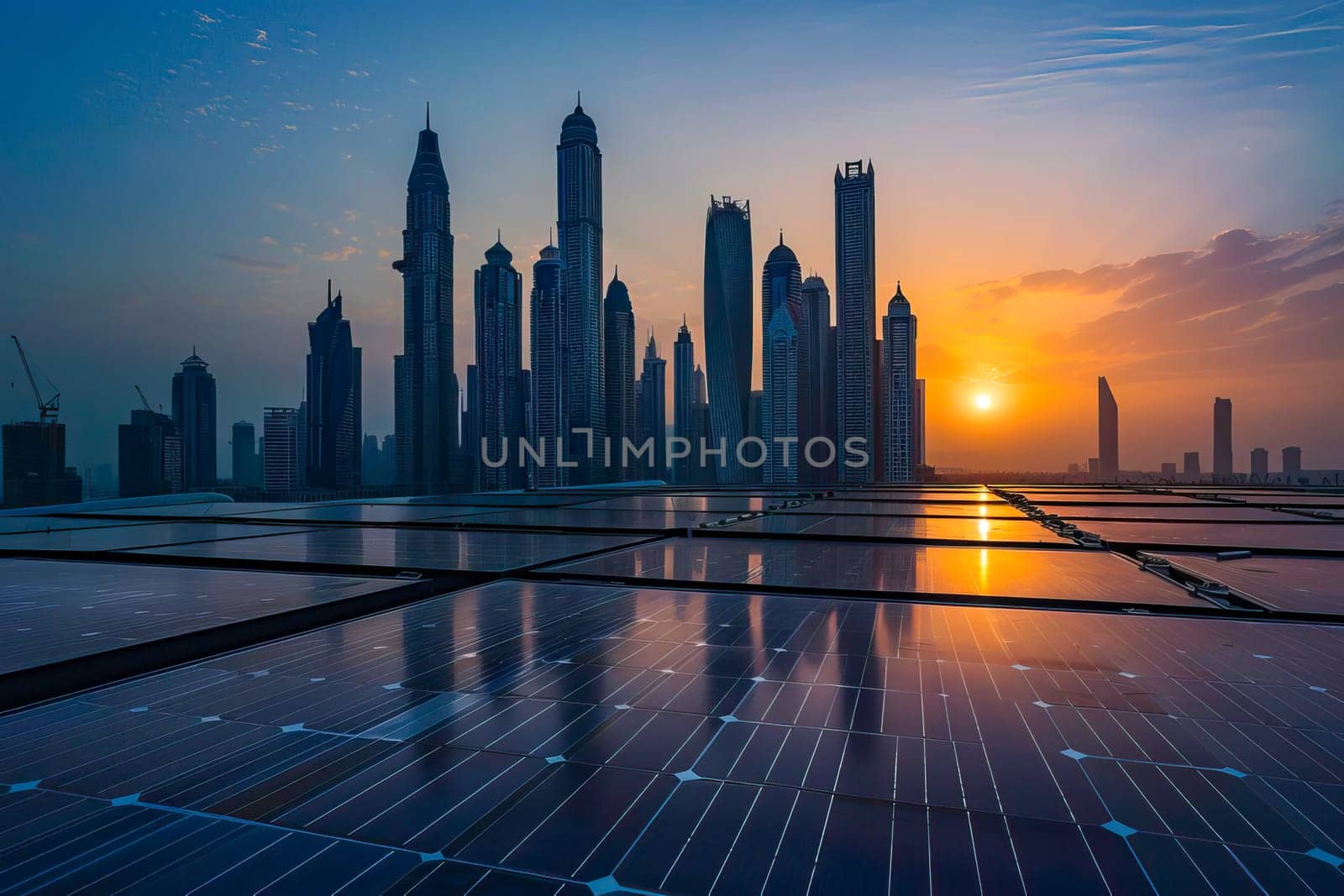 A solar panel with the sun setting in the background, near a modern city with skyscrapers.
