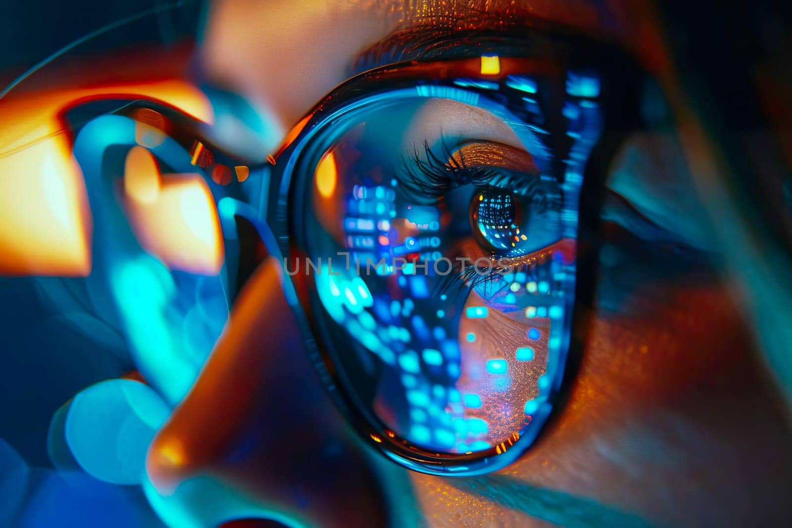 A close-up view of a persons eye framed by a pair of glasses and monitor reflected in the lenses
