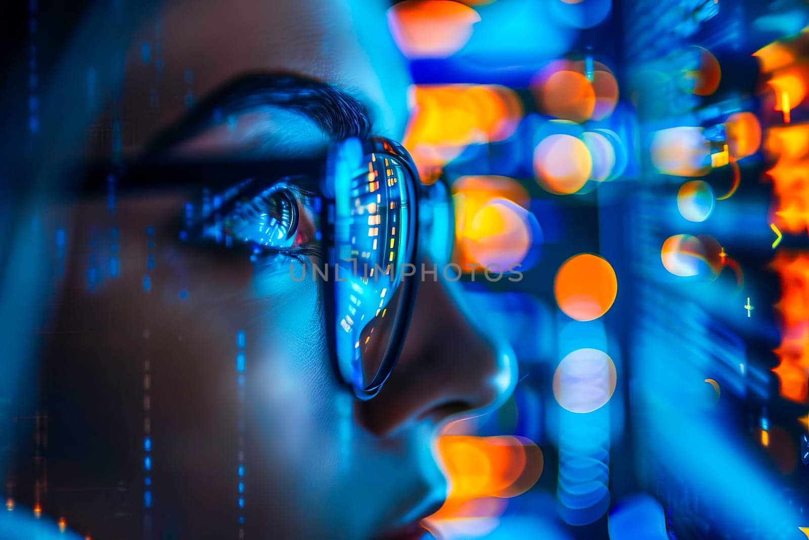 Close-up of a womans face wearing futuristic glasses, with reflections of a computer monitor.