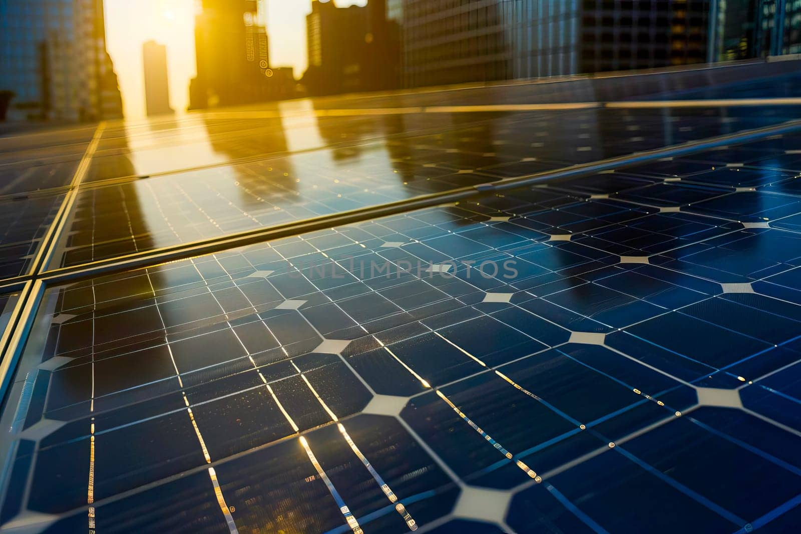 A close-up of a solar panel standing in the midst of a bustling modern city.