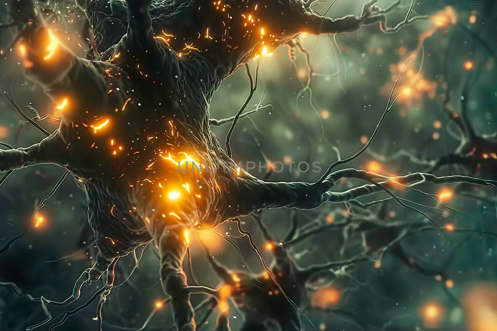 Neurons in the human brain with bright signals indicating synaptic activity.