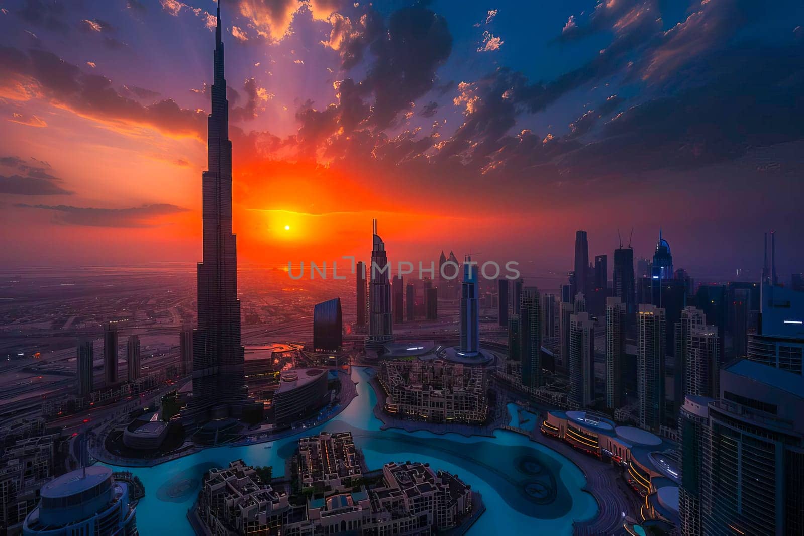Aerial view of Burj Khalifa during sunset, with a beautiful sky illuminating the city skyline. by vladimka