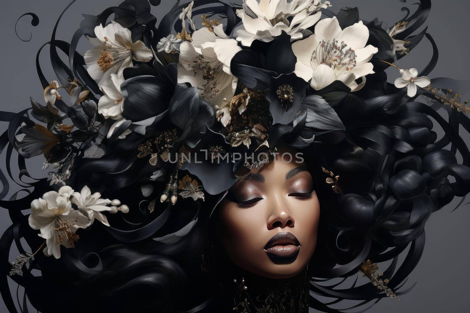 Velvety Black queen flowers. Face model creative. Generate Ai