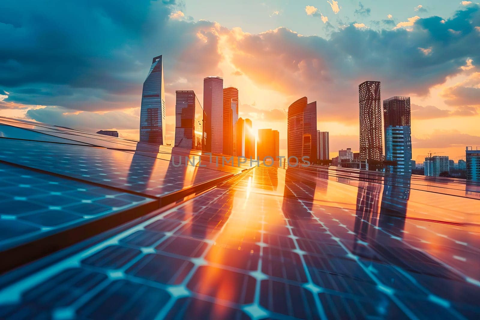 A solar panel captures sunlight as the sun sets in the background.