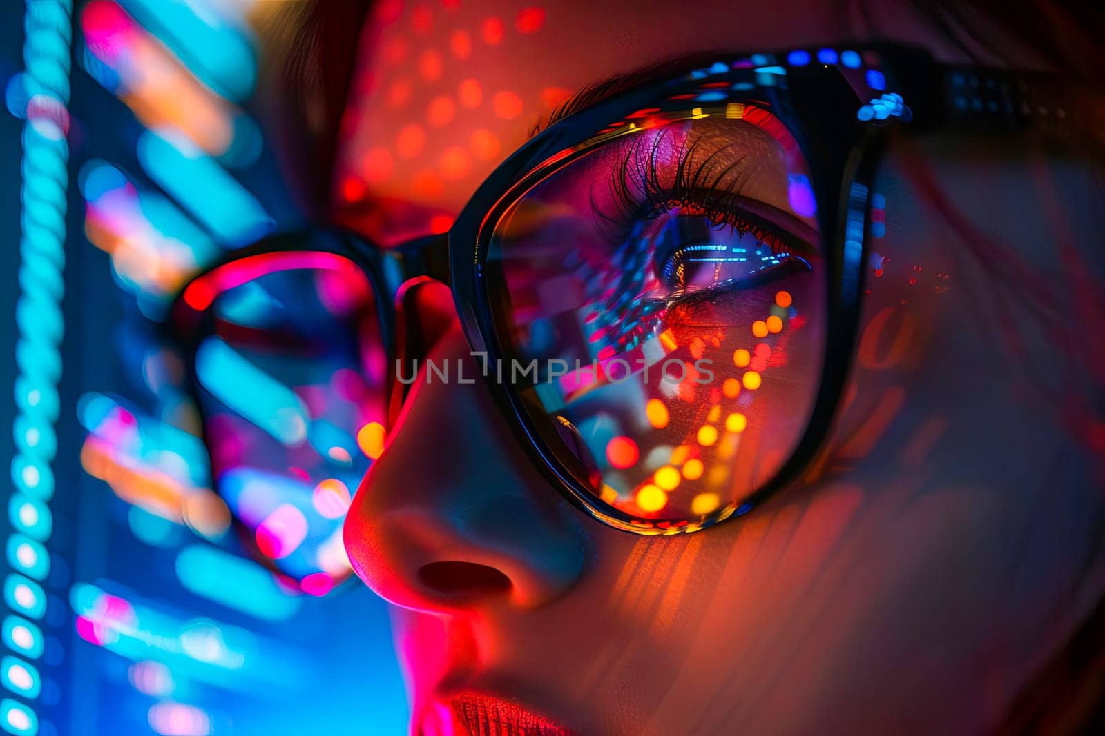 A detailed view of a persons eyes and glasses in a close-up shot, with a computer monitor in the background. by vladimka