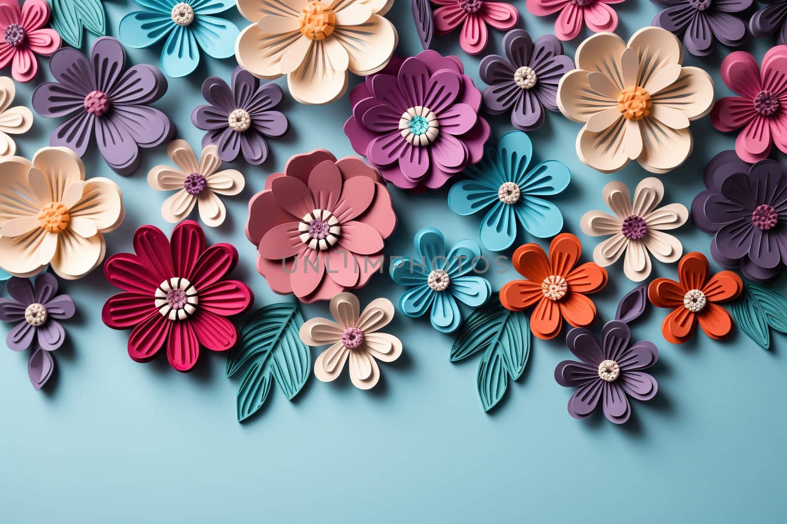 Spring, summer blue background with cut paper style flowers and place for text.