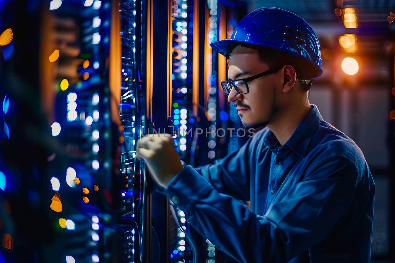 Professional IT specialist wearing a hard hat working on a server.