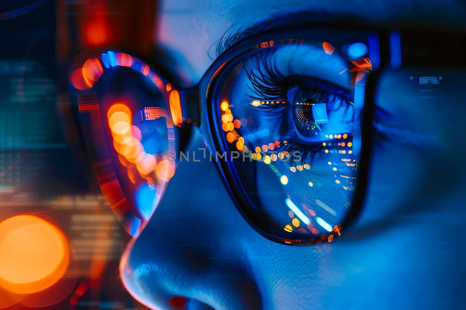 Close-up view of a persons eyes with glasses, looking at a computer monitor.