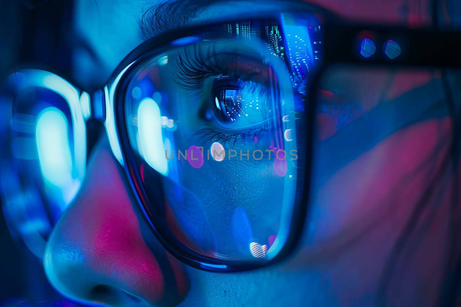 Close-up view of a persons eyes reflecting in a pair of glasses, with a computer monitor in the background.