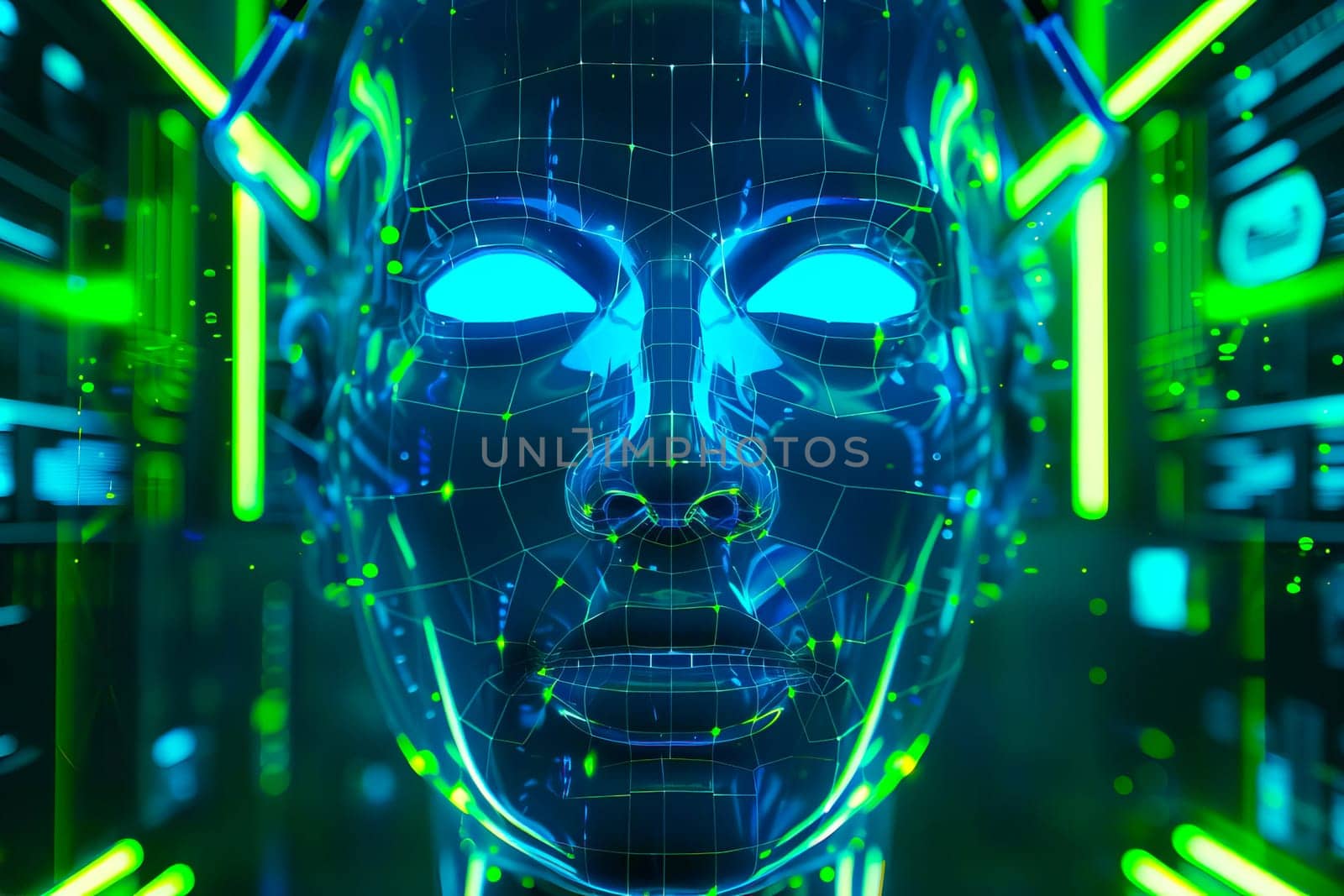 A womans face with glowing blue eyes symbolizing artificial intelligence in a futuristic setting.