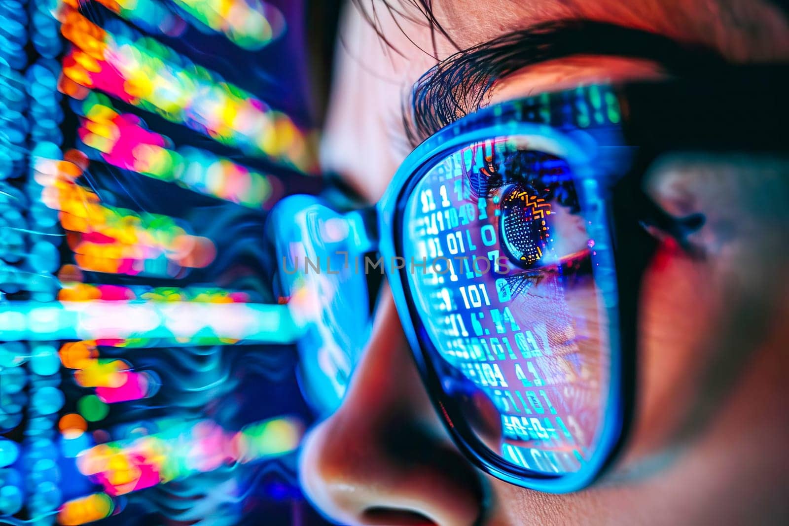 Close-up of a persons eyes and glasses focused on a computer monitor.