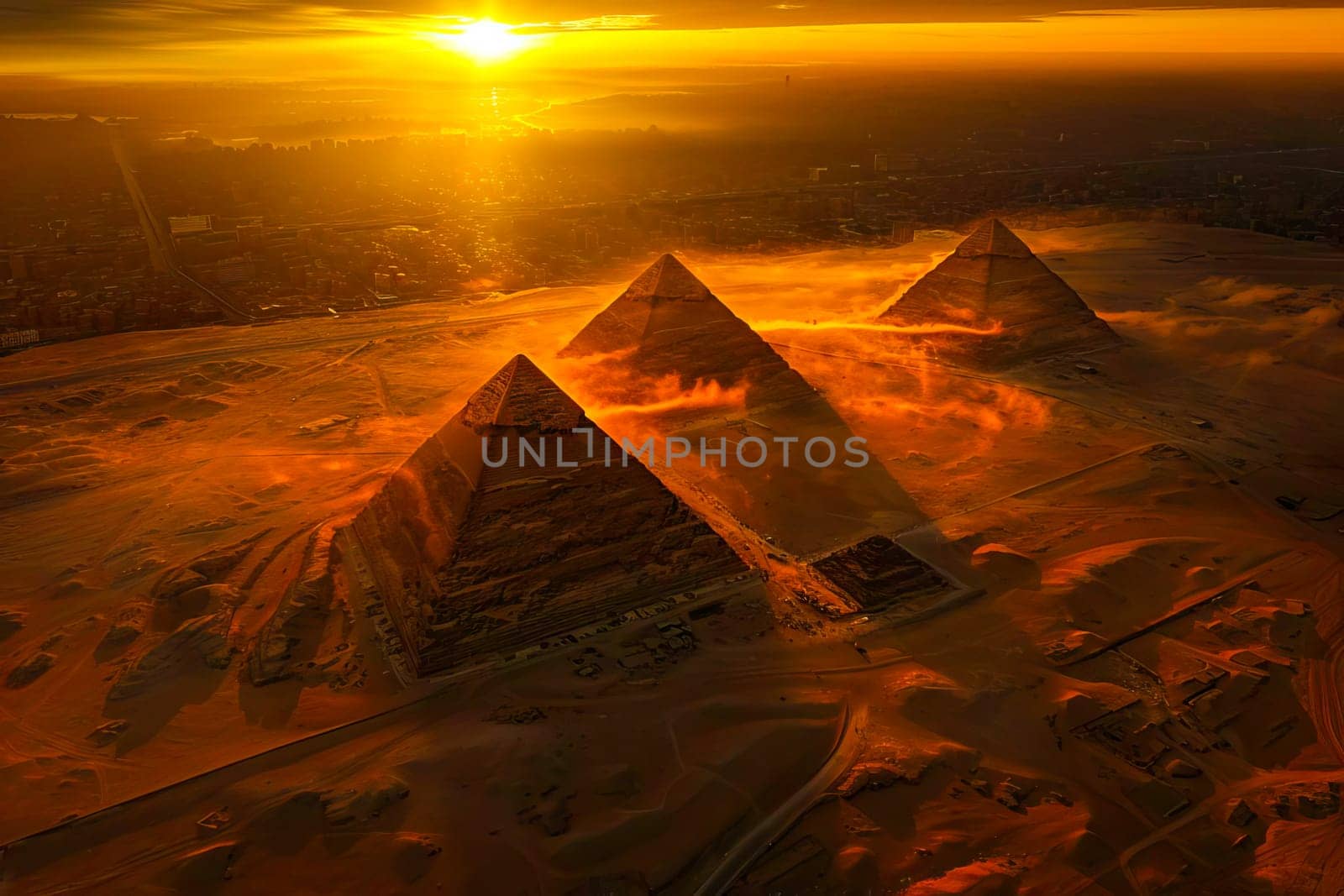 Aerial view of the iconic Pyramids of Giza shining in the warm light of the setting sun.