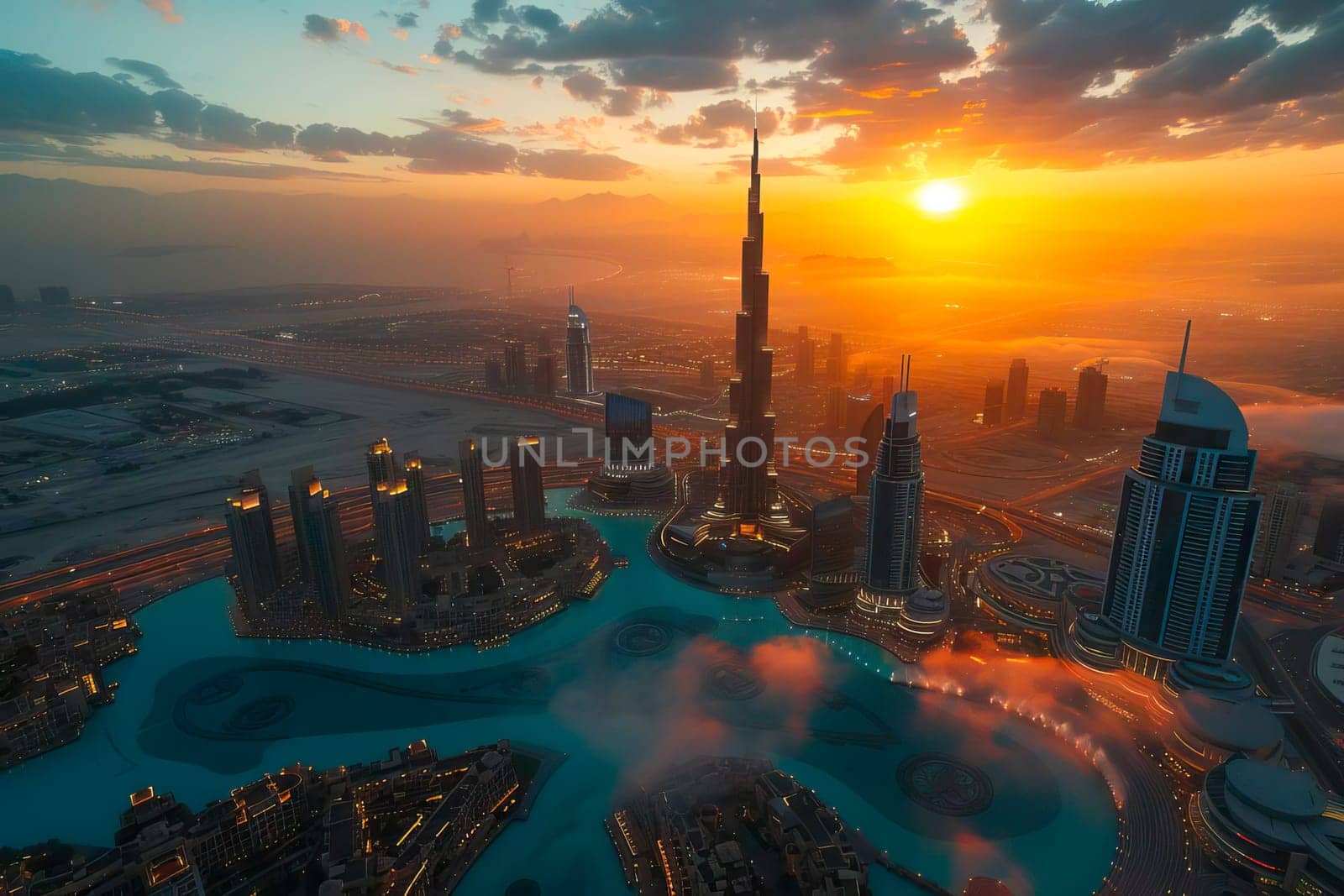 Cityscape captured from above as the sun sets, showcasing buildings and streets glowing in the warm light. by vladimka