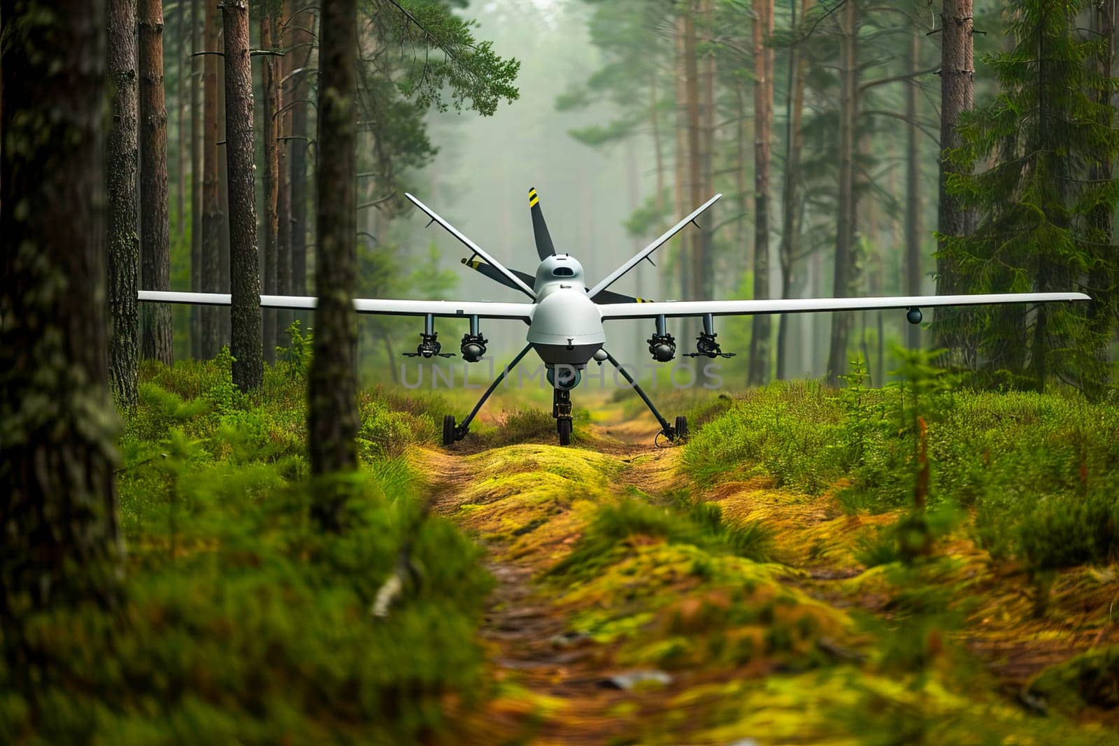 Military plane is parked in the dense forest surrounded by trees and foliage.
