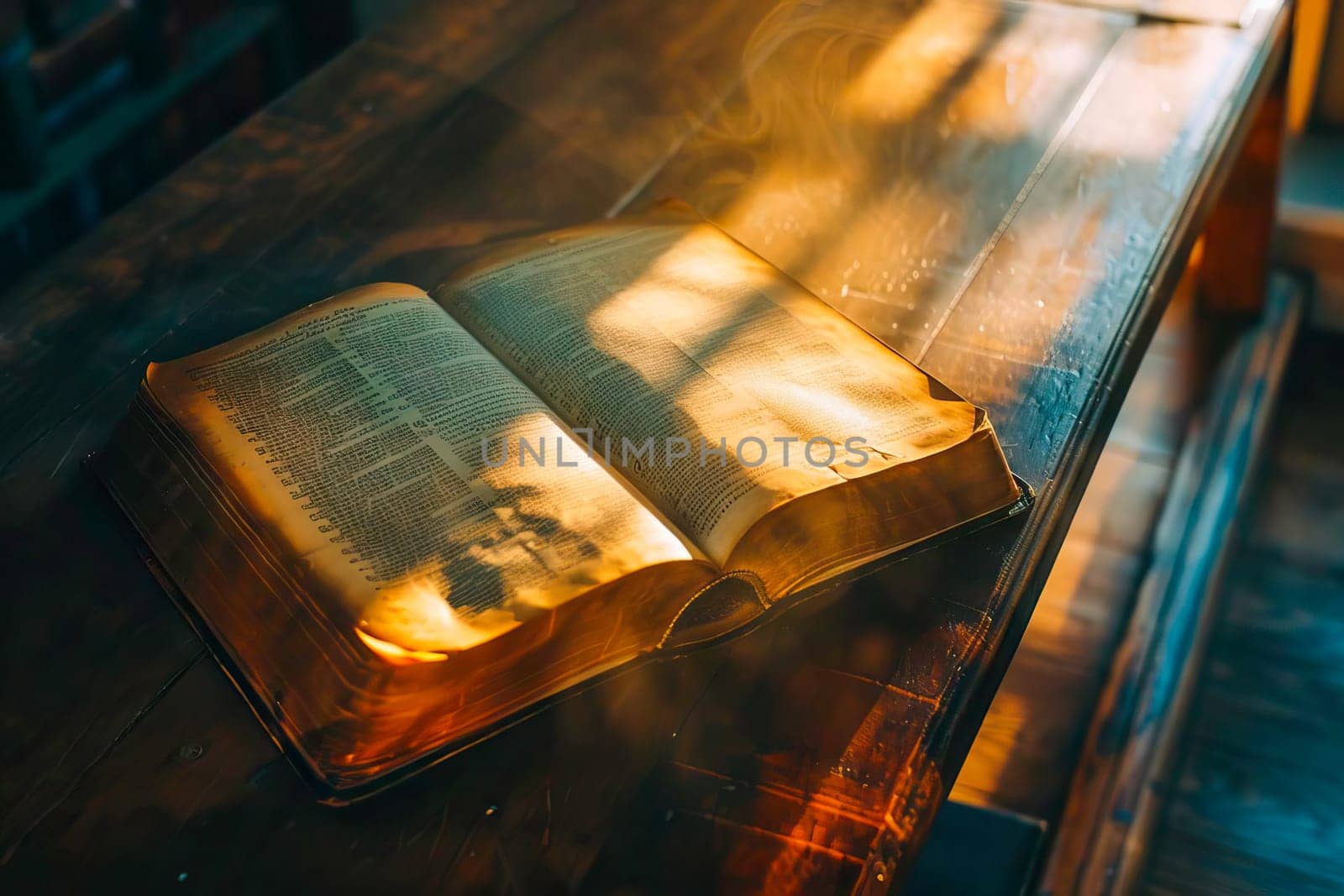An open book resting on a wooden table, ready to be read or studied.