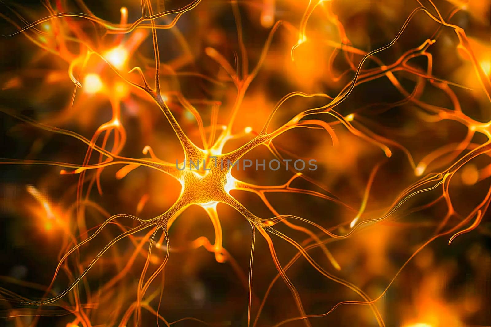 Neurons interconnected in an intricate web of synapses, with bright flashes indicating activity.