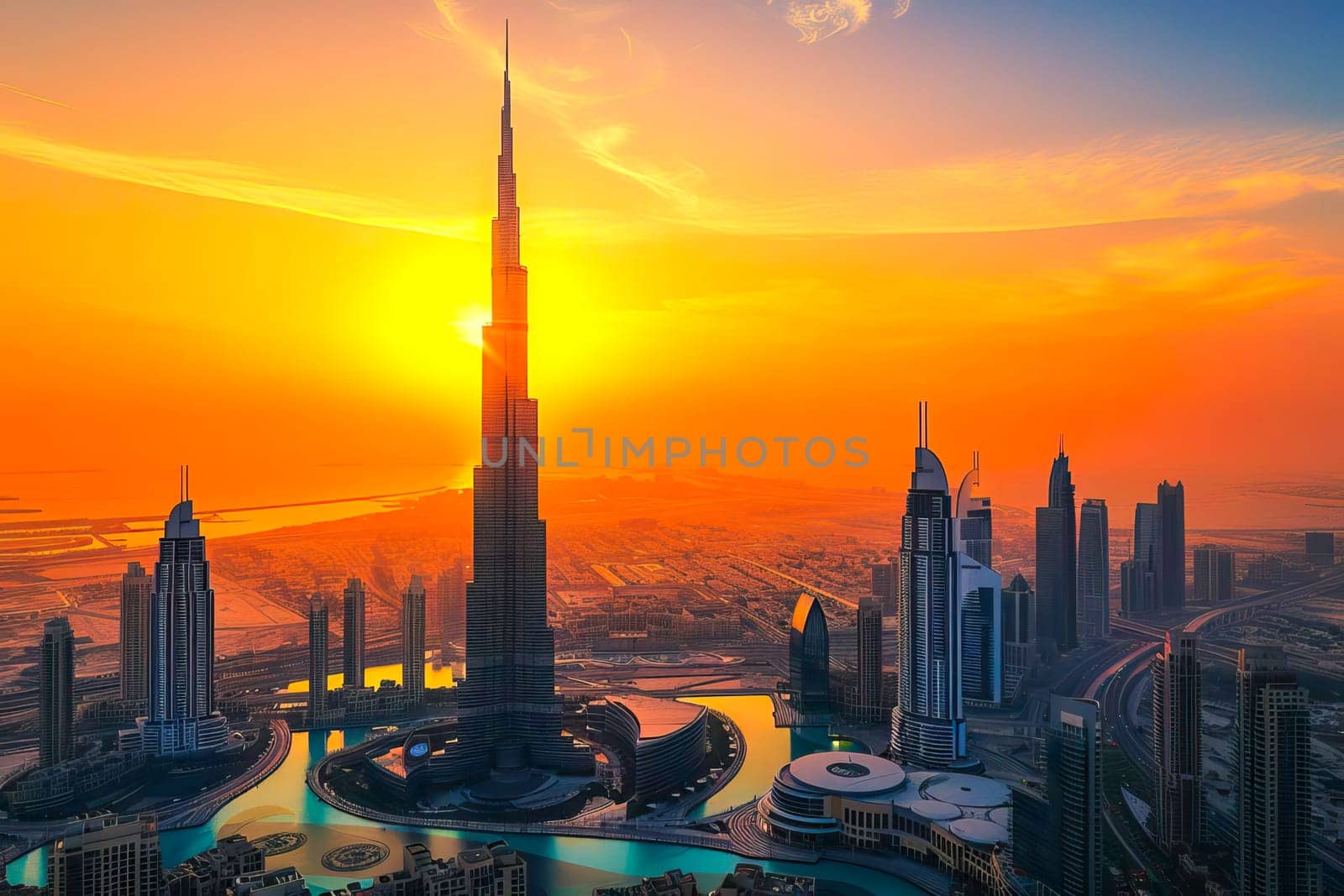 Aerial view capturing the Burj Khalifa standing tall amidst the cityscape during sunset.