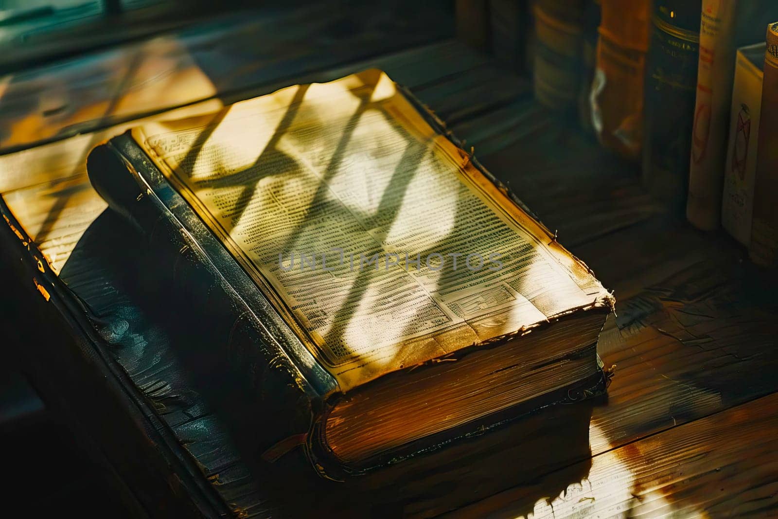 A holy Bible rests on a wooden table in a simple setting.