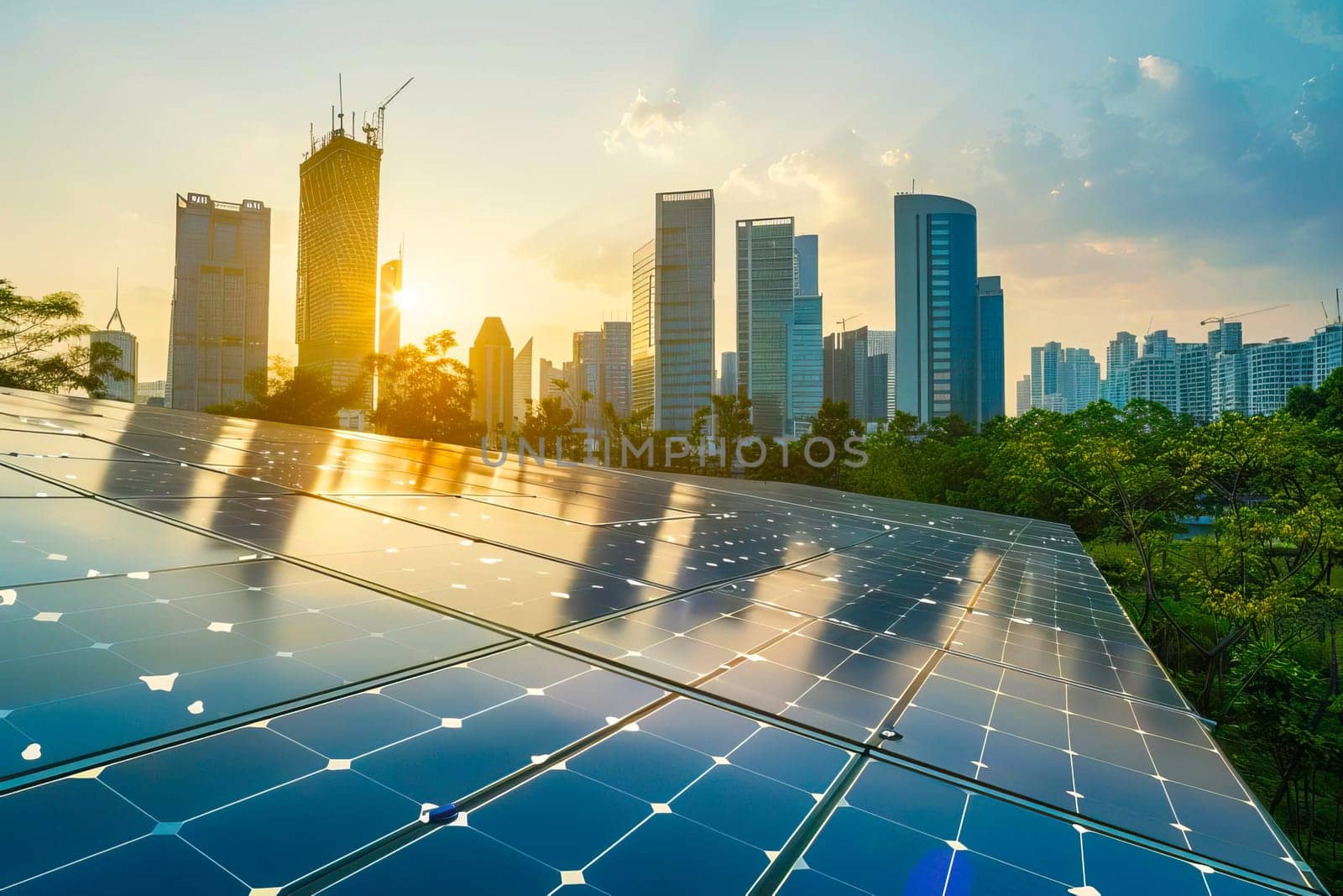 A solar panel positioned in front of a modern city skyline with towering skyscrapers.