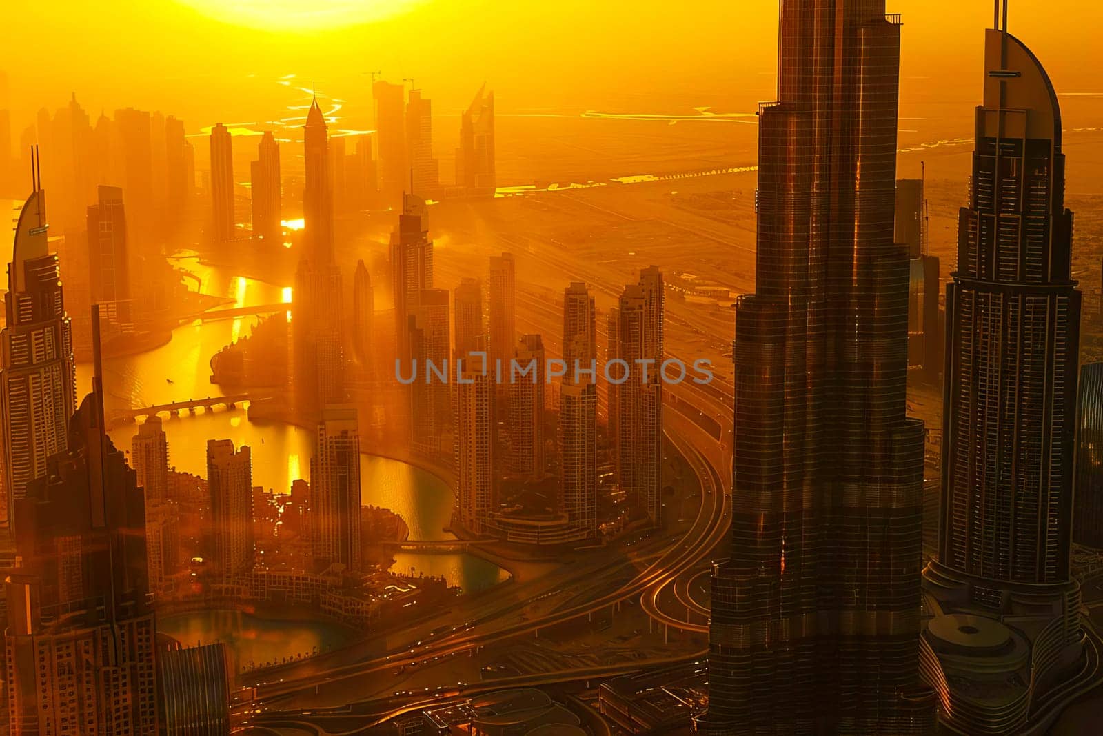 The sun is setting over a city with tall buildings, casting a warm glow over the urban landscape.