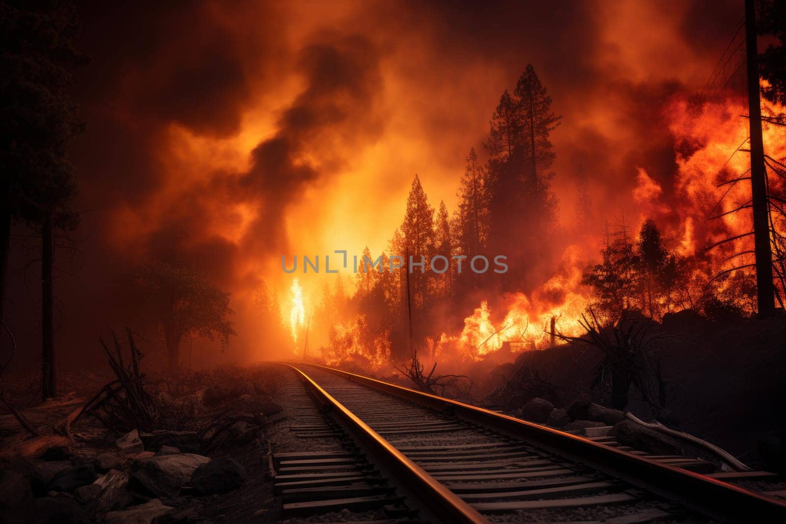 Uncontrollable Railway fire forest natural. Generate Ai by ylivdesign