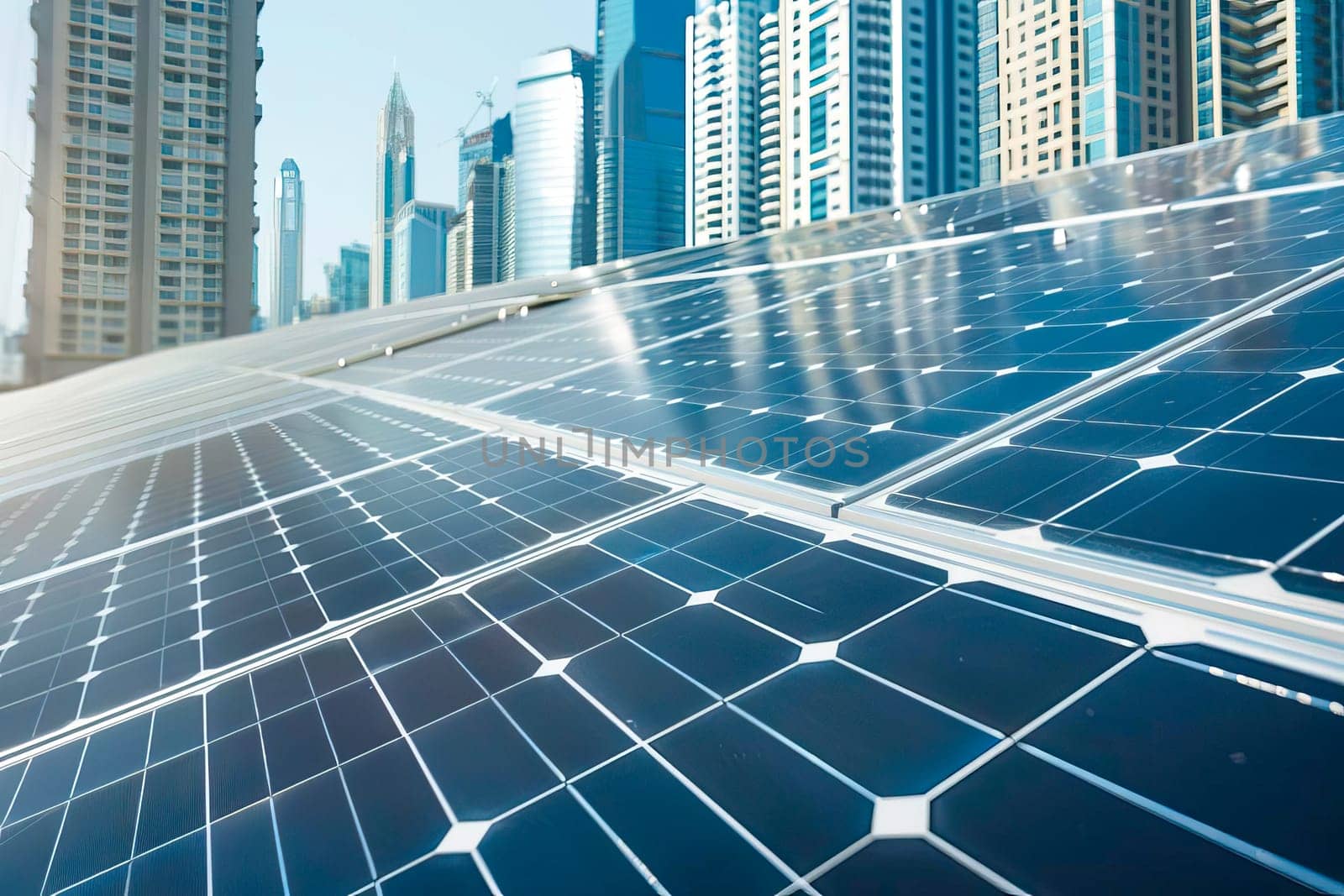 Close up of solar panels in front of modern city skyscrapers.