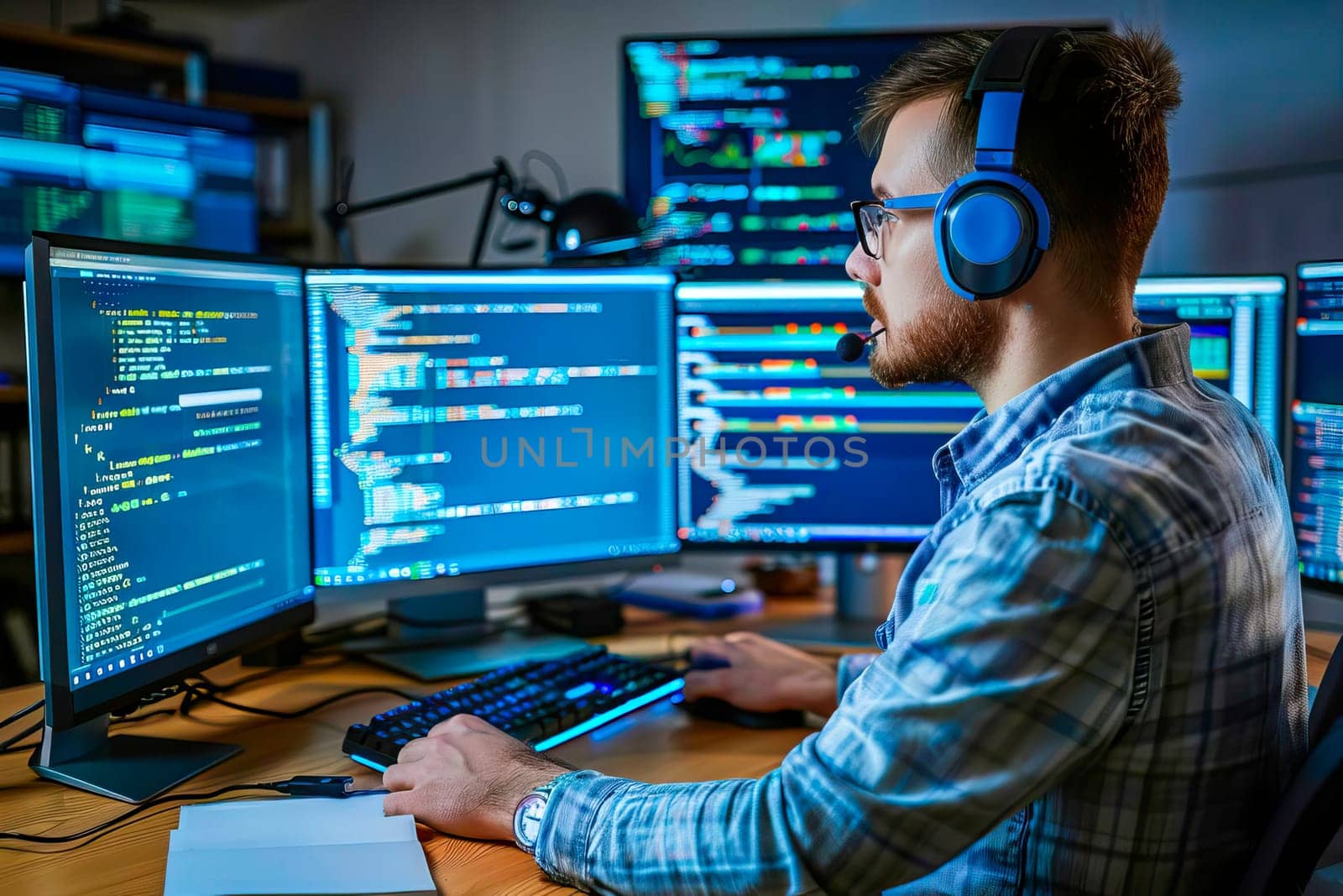 A professional IT specialist wearing headphones while working on a computer.