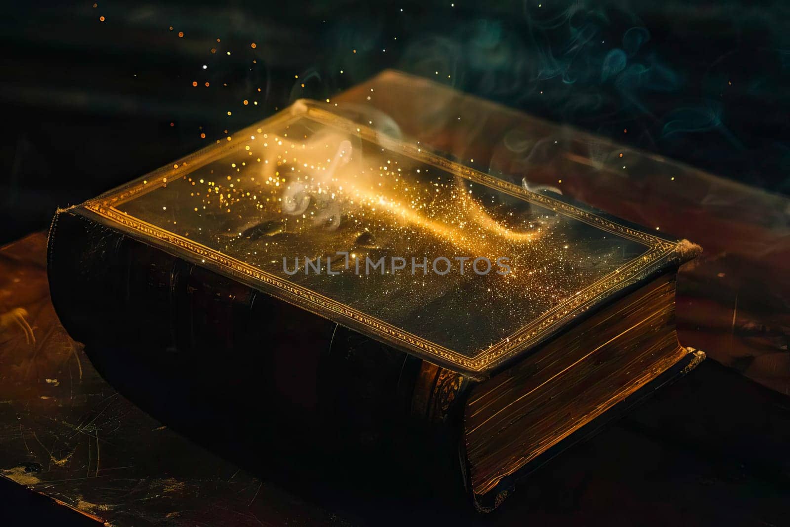 A book with a golden dust shimmering inside, resembling a sacred glow.