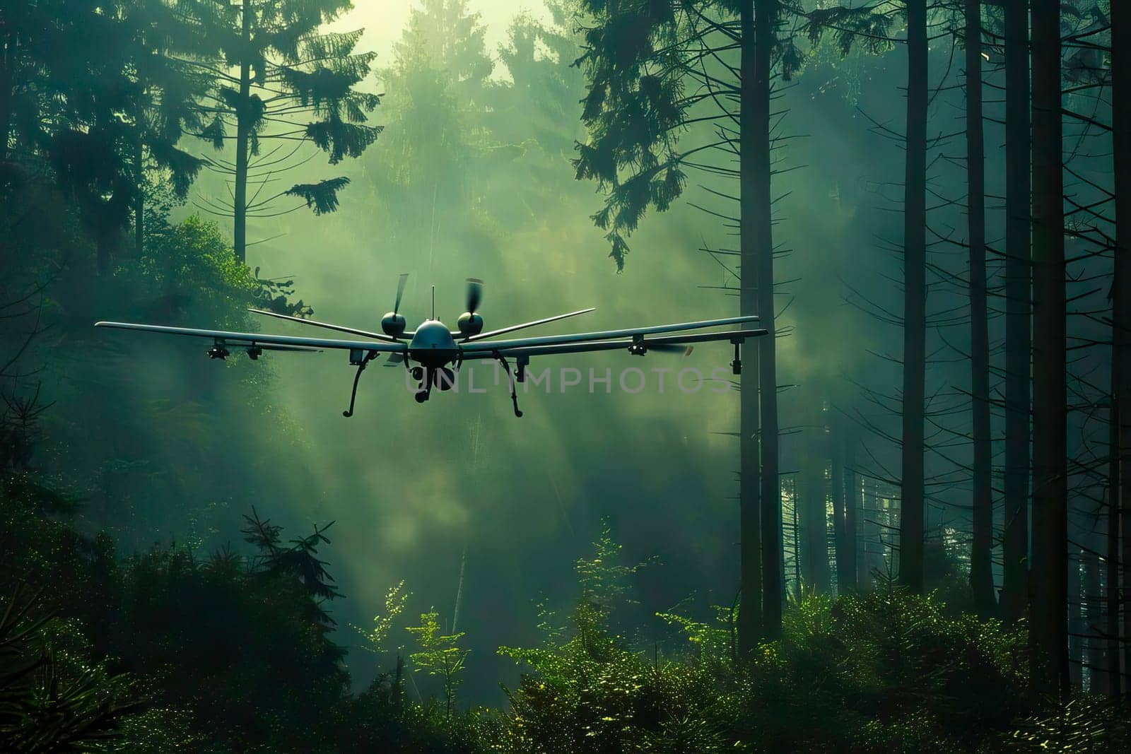 Military plane flies over a dense forest filled with towering trees.