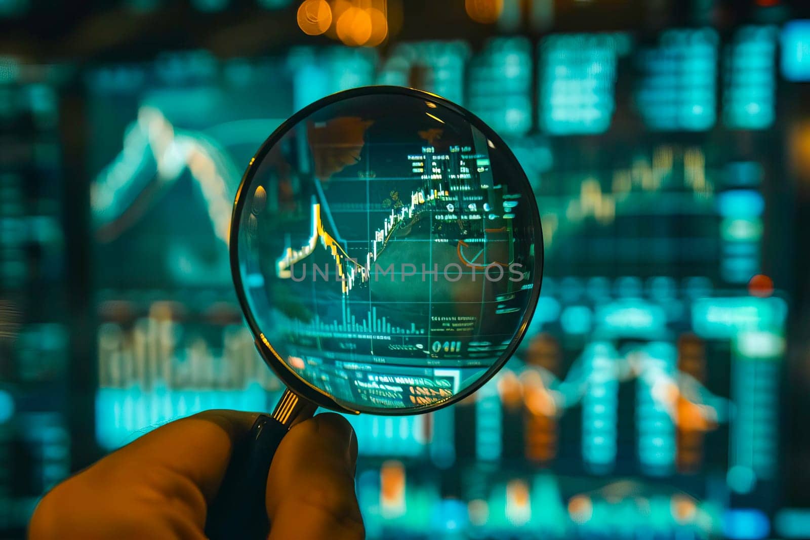Close-up view of a hand holding a magnifying glass, analyzing a detailed stock chart for financial data.