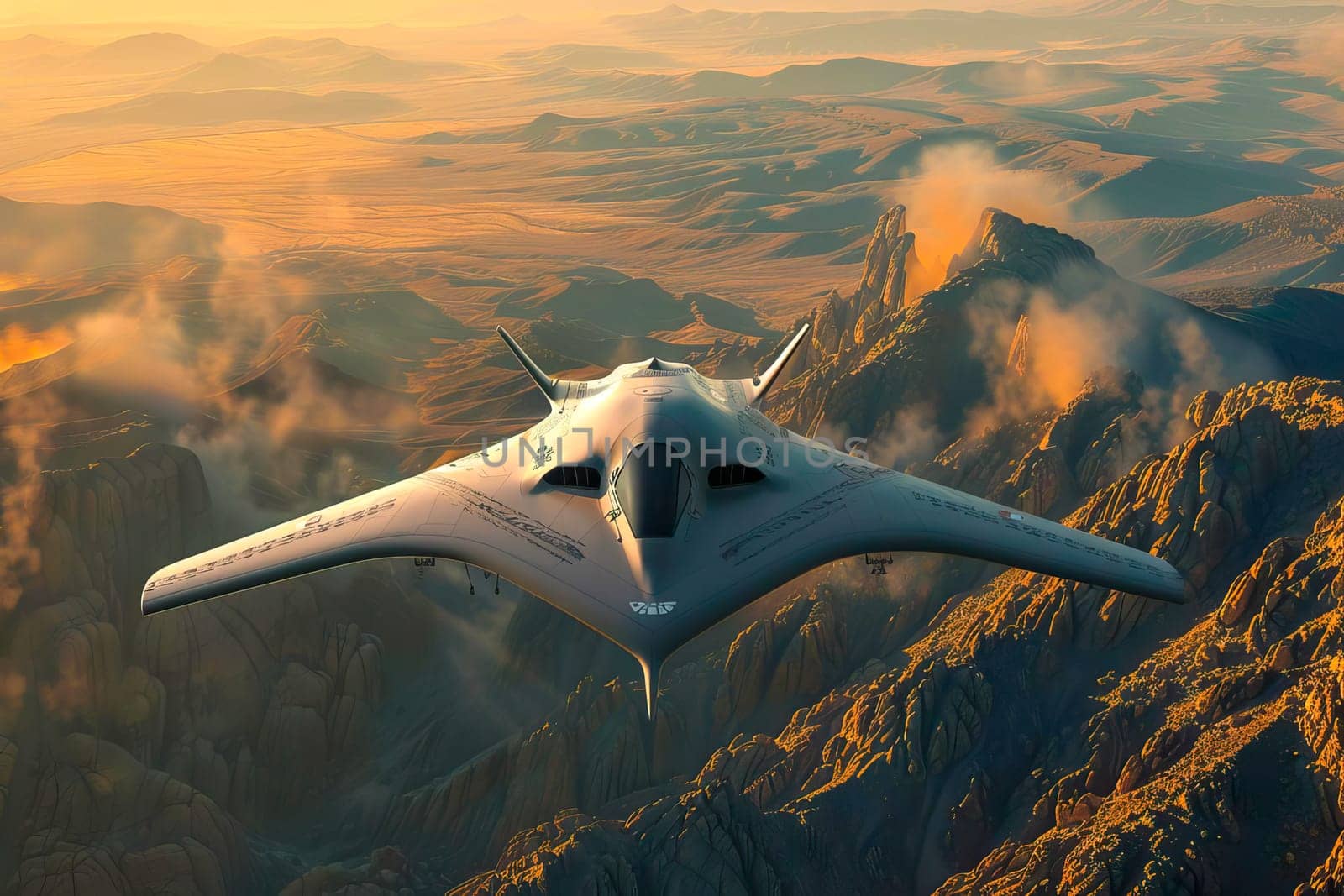 A military aircraft flies over a vast desert landscape under a clear sky.
